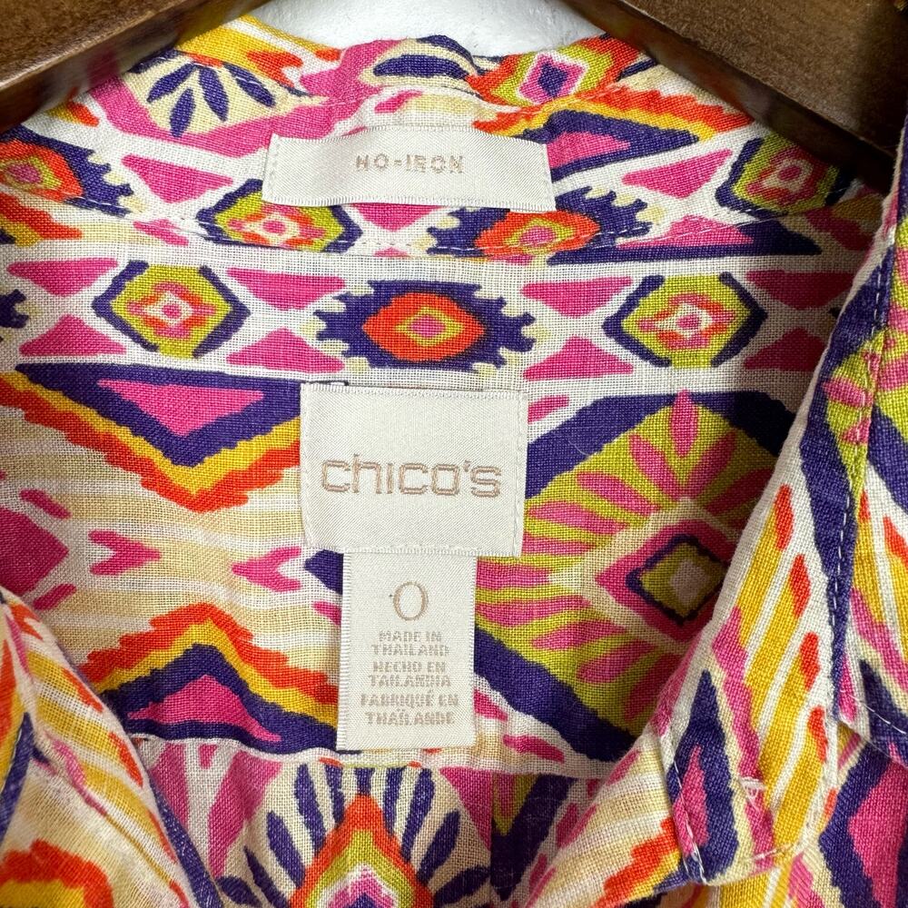 Chico's | Sz 0 Ikat 100% Linen Button-Back No Iron Colorful Button Up Shirt - Picture 11 of 14